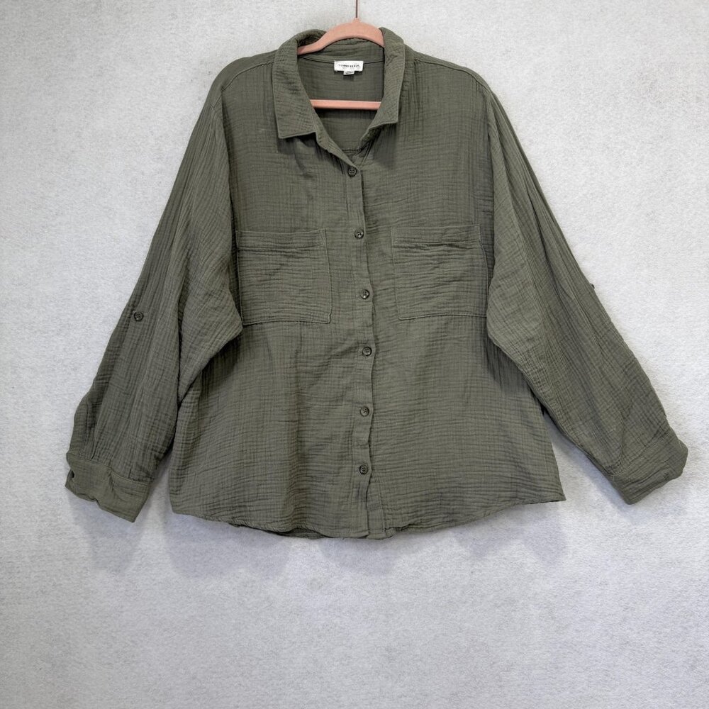 Summersalt Shirt Womens 2XL Green Organic Cotton Gauze Button Front Relaxed